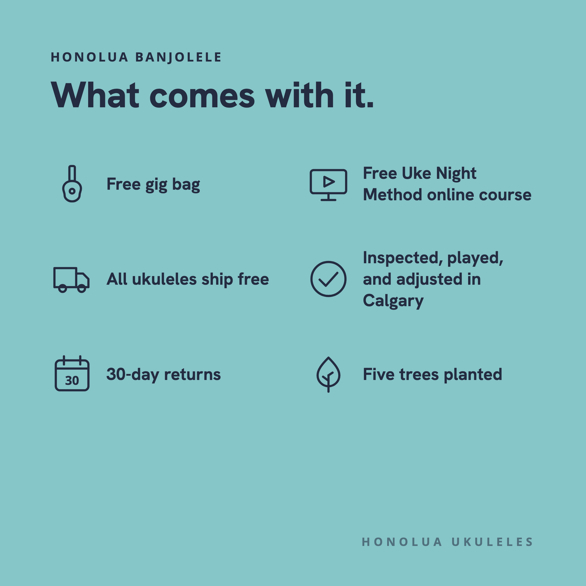 What comes with this ukulele: free gig bag, free online course, free shipping, inspected in Calgary, 30-day returns, five trees planted