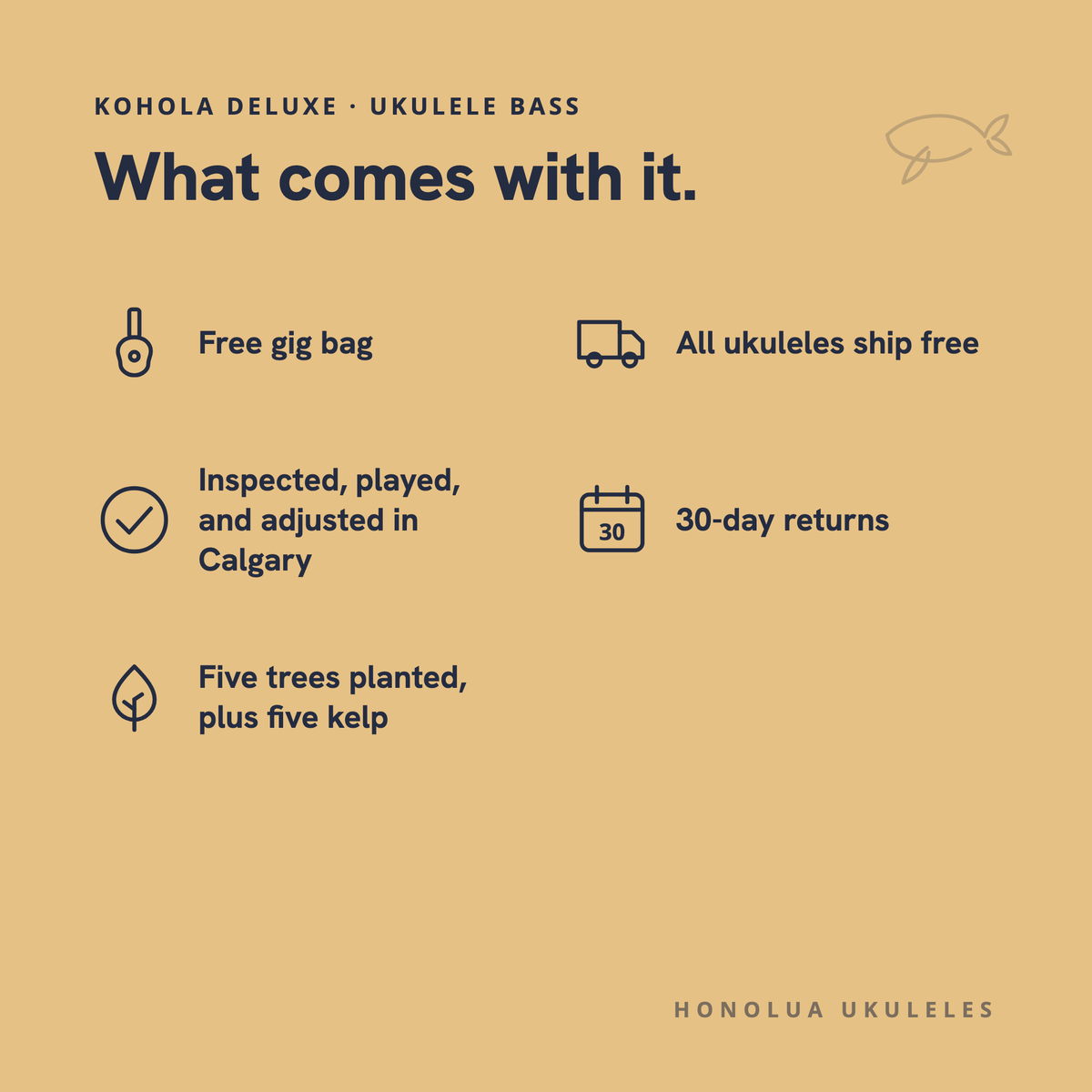 What comes with this ukulele: free gig bag, free shipping, inspected in Calgary, 30-day returns, five trees and five kelp planted