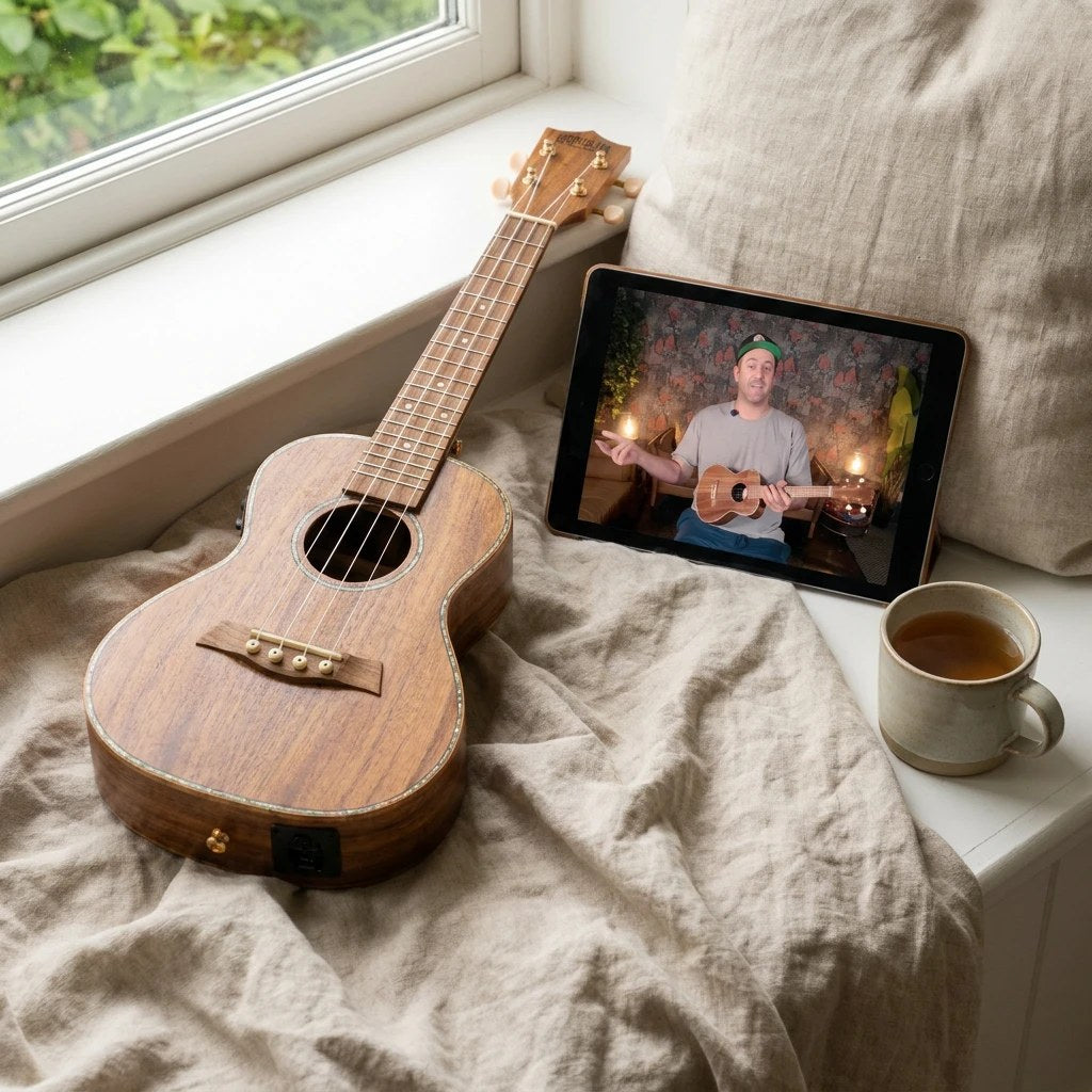A Honolua tenor ukulele on a bed beside a tablet playing a Honolua Starter Course lesson with Dave