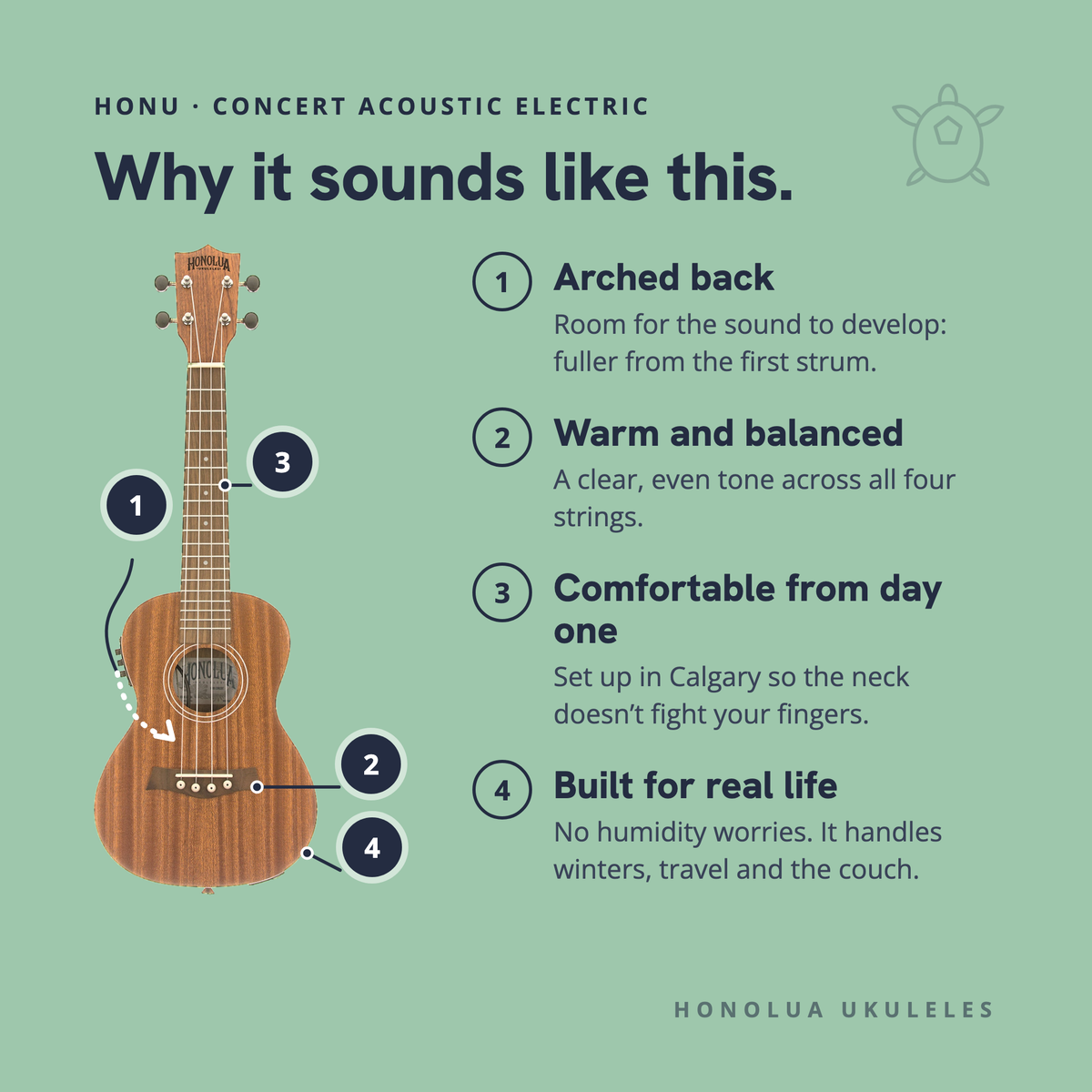 Why the Honu Concert Acoustic Electric sounds like it does: arched back, warm and balanced, comfortable from day one, built for real life