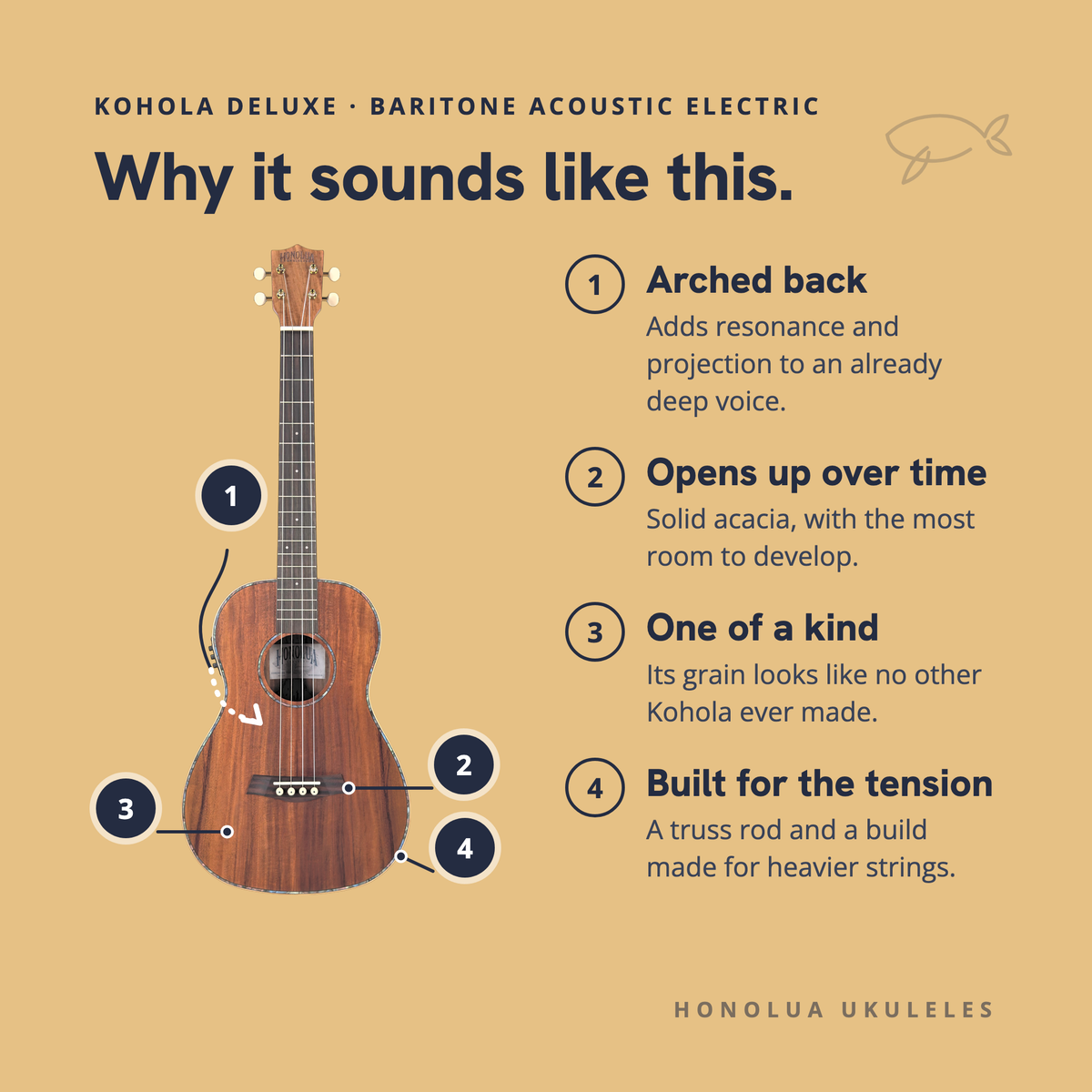 Why the Kohola Deluxe Baritone Acoustic Electric sounds like it does: arched back, opens up over time, one of a kind, built for the tension