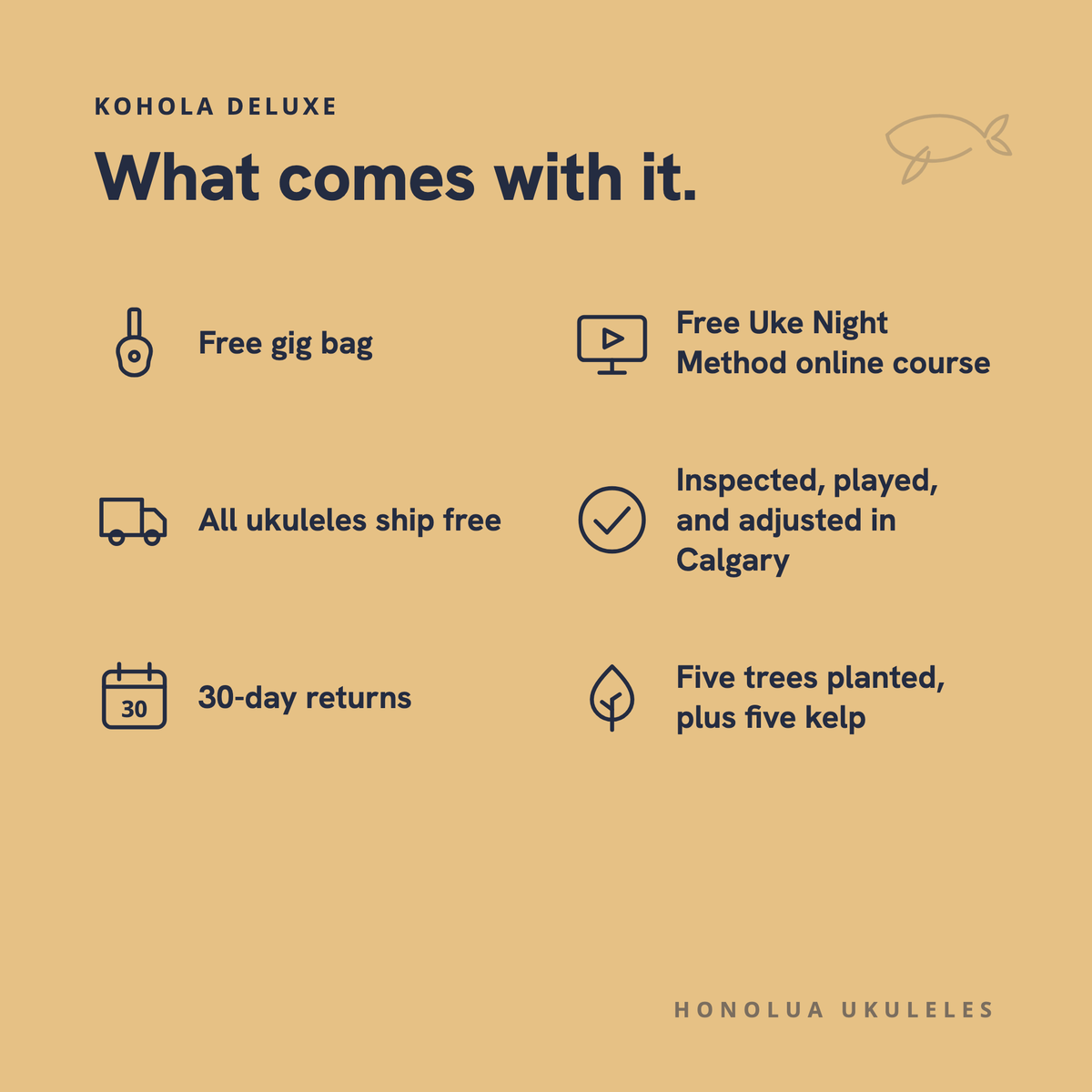 What comes with this ukulele: free gig bag, free online course, free shipping, inspected in Calgary, 30-day returns, five trees and five kelp planted