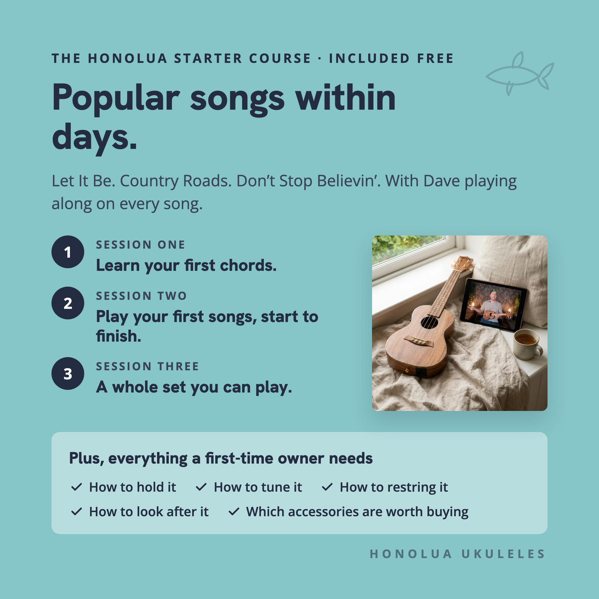The Honolua Starter Course, included free: three sessions to popular songs, plus everything a first-time owner needs