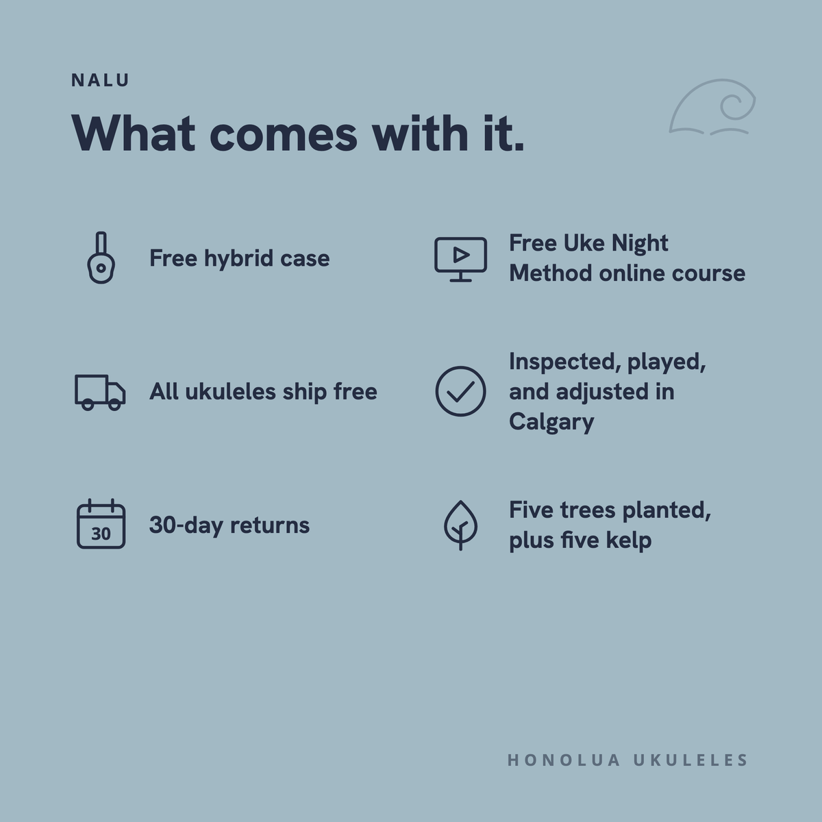 What comes with this ukulele: free hybrid case, free online course, free shipping, inspected in Calgary, 30-day returns, five trees and five kelp planted